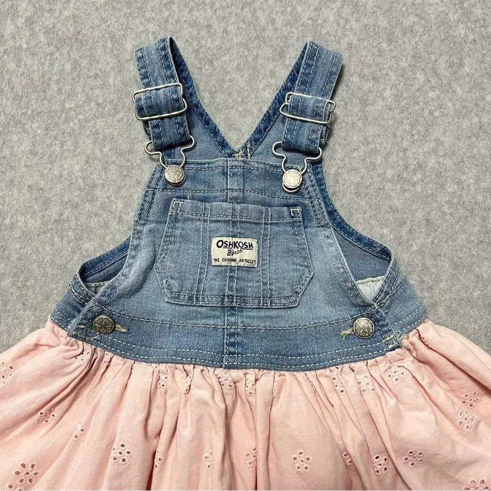 OshKosh B'gosh Denim and Eyelet Overall Dress Size 12 Months Pink